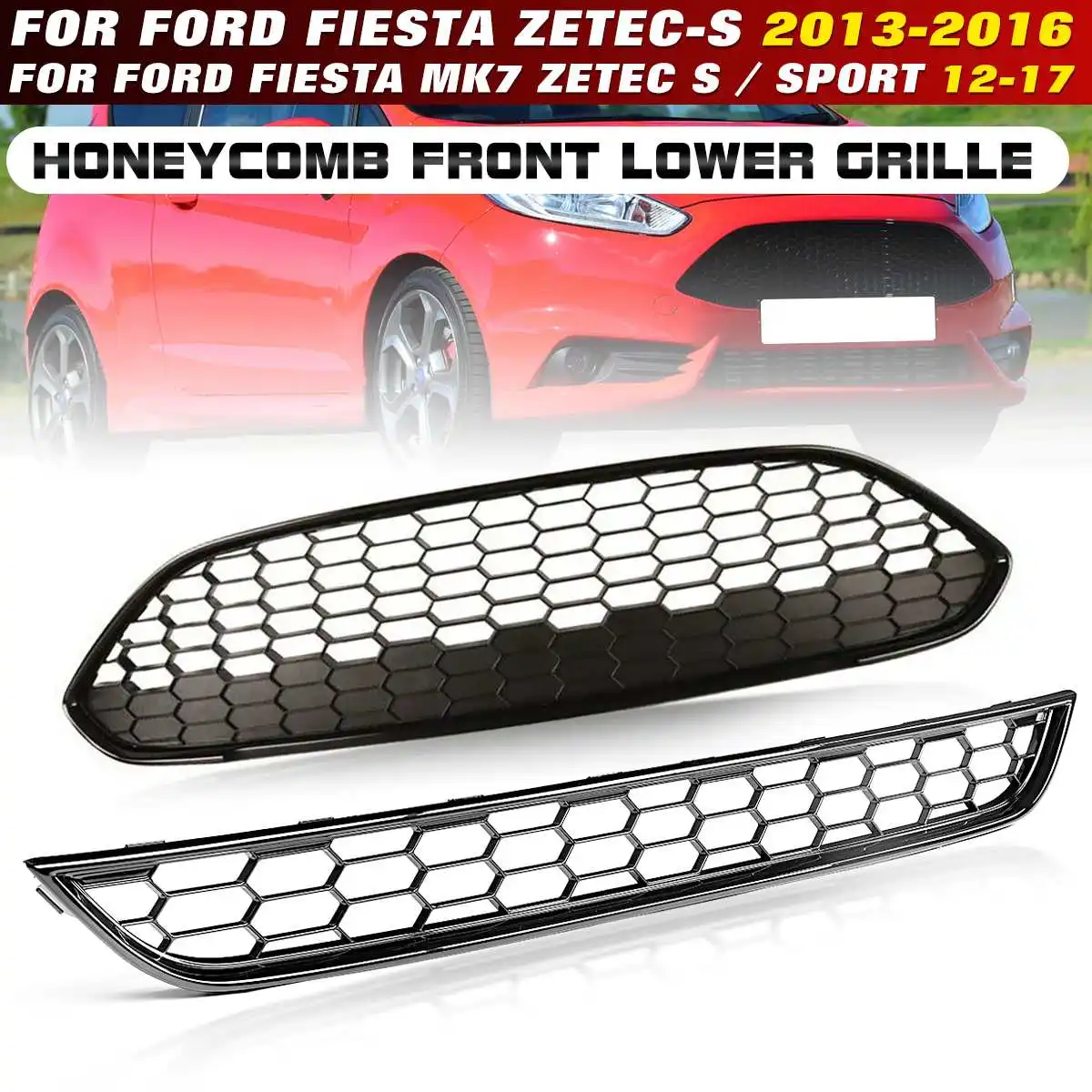 Black Honeycomb Upper Lower Grille Replacement for Ford Fiesta Zetec-S 2013-2017 Front Bumper Centre Grille Grill