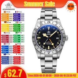 Addiesdive Gmt Horloges Heren 39 Mm Duiker Lichtgevende Kalender Display Roestvrij Staal 20ATM Quartz Horloges Reloj Hombre