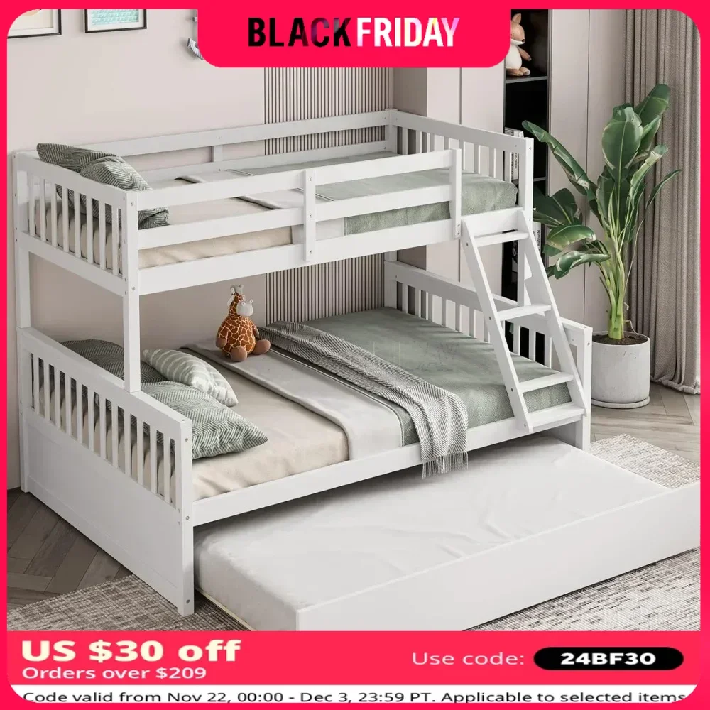 Wood Bunk Bed ,with Trundle, Bunks Beds Frame with, Space-Saving Bunk Bed with Ladder & Safety Guardrails, Solid Pine Wood Frame