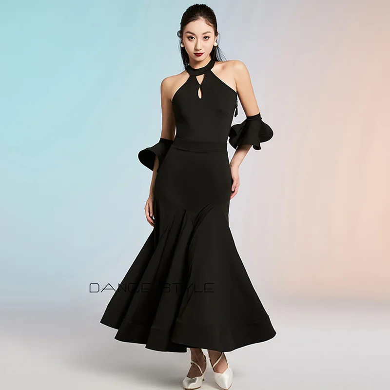 2025 neue Ballsaal Kleid Frauen Standard Modern Dance Kostüm Walzer Leistung Bühne Tragen Halter Schwarz Ballroom Dance Anzug 2582