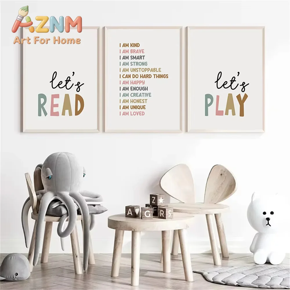 AZNM Positive Affirmations Wall Art Let's Play Let's Read Canvas Painting Poster Nordic Print Pictures  Playroom Decor