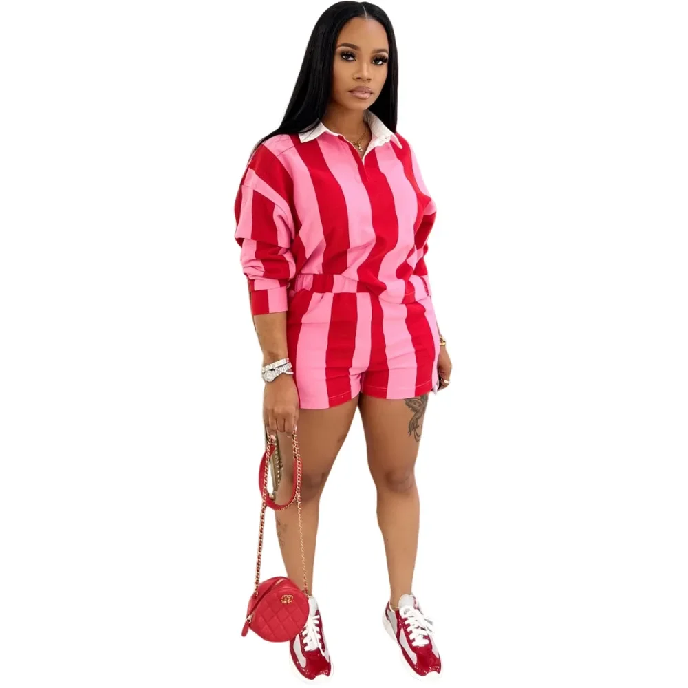 Striped Women's Set Pleated full Sleeve Turn-down Collar Polo-t-shirt and Shorts 2025 Two 2 Piece Sets Outfit Tracksuits