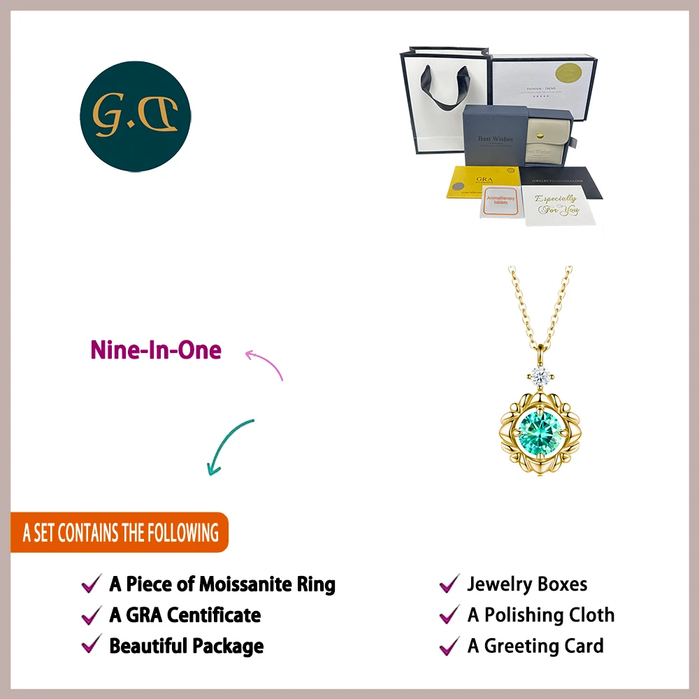 1.1CTW Moissanite Pendant Necklace 925 Sterling Silver 18K Gold Plated Green Round Cut Comes with GRA Certificate