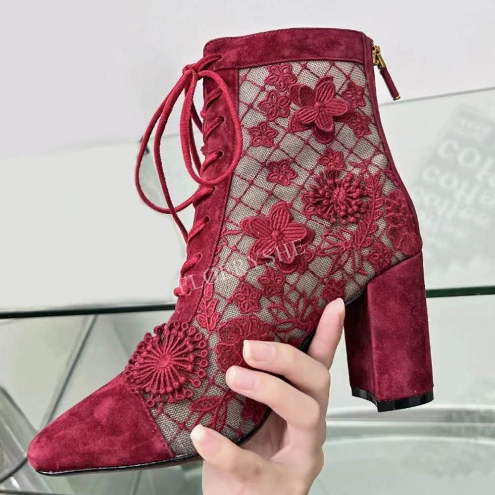 Black Mesh Ankle Boots Suede New Arrival Solid Women Square Toe Cross Straps Chunky High Heel Embroidered Flowers  Shoes