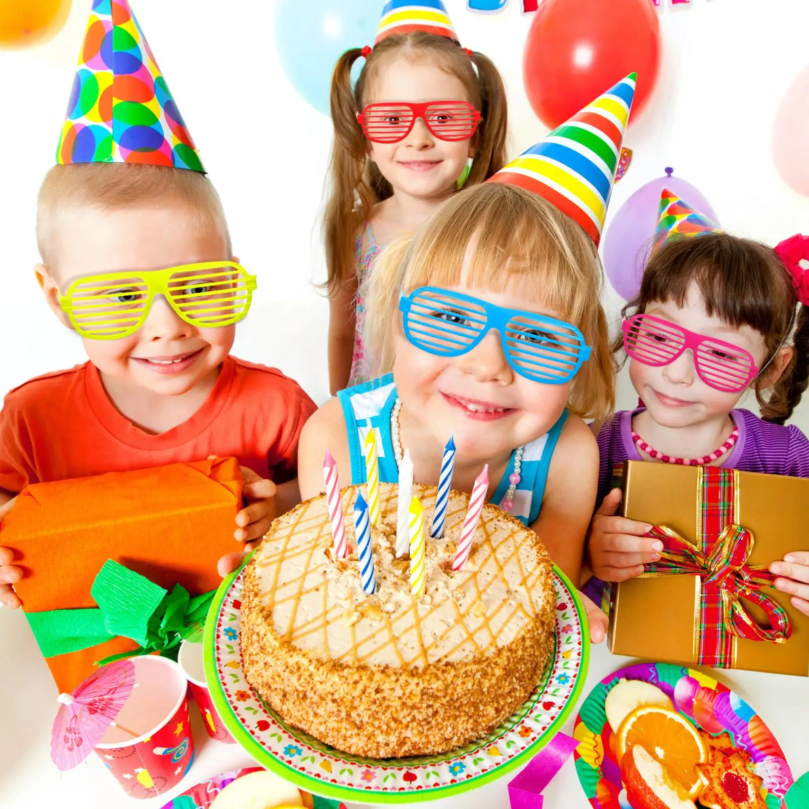 18-teilige Shutter-Brille, neonfarbener Kunststoffrahmen, Kinderbrille, Party-Zubehör, Festival-Outfits, UV-Schutz, Sonnenbrille