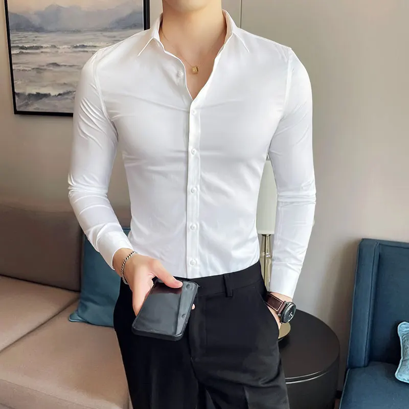 Plus Size 5XL-M Autumn Winter Thick Warm Shirts Men Long Sleeve Solid Slim Fit Casual Business Shirt Social Formal Dress Blouse