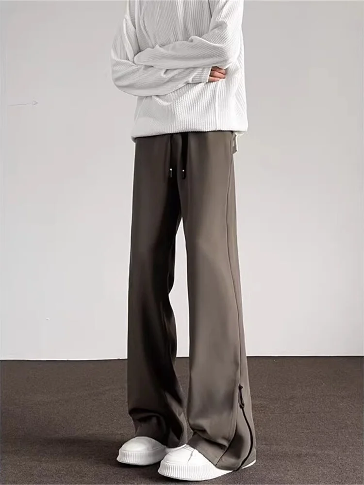 

American Retro Brown Flared Men's Pants Side Zipper Wide Leg Cleanfit Design High Waist Casual Trousers Spring Autumn