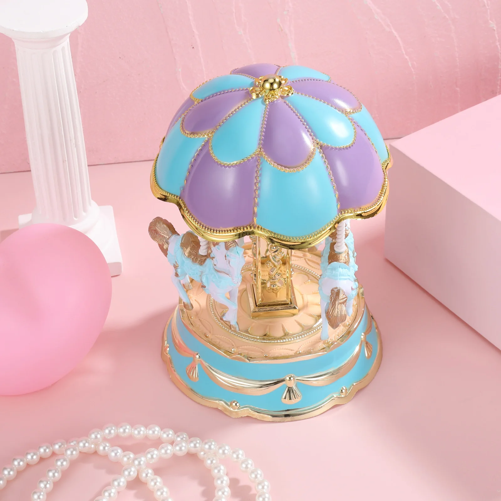 

Classic Wind Up Carousel Music Box with Glowing Dome Rotating Horses Desktop Decor for Bedroom Living Room