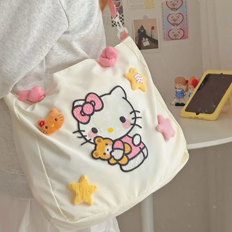 2024 New Sanrio Hello Kittys Tote Bag Cute Cartoon Fresh Anime peluche 3D Doll grande capacità pendolare borsa a tracolla giocattolo ragazza regalo