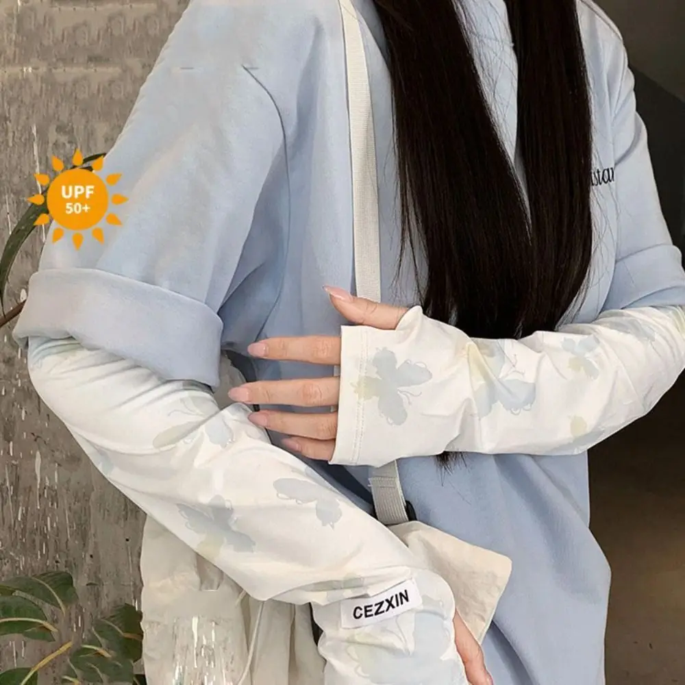 나비 얼음 실크 슬리브 태양 보호 솔리드 컬러 선 스크린 팔 슬리브 그라데이션 자외선 차단 여름 긴 장갑 숙녀