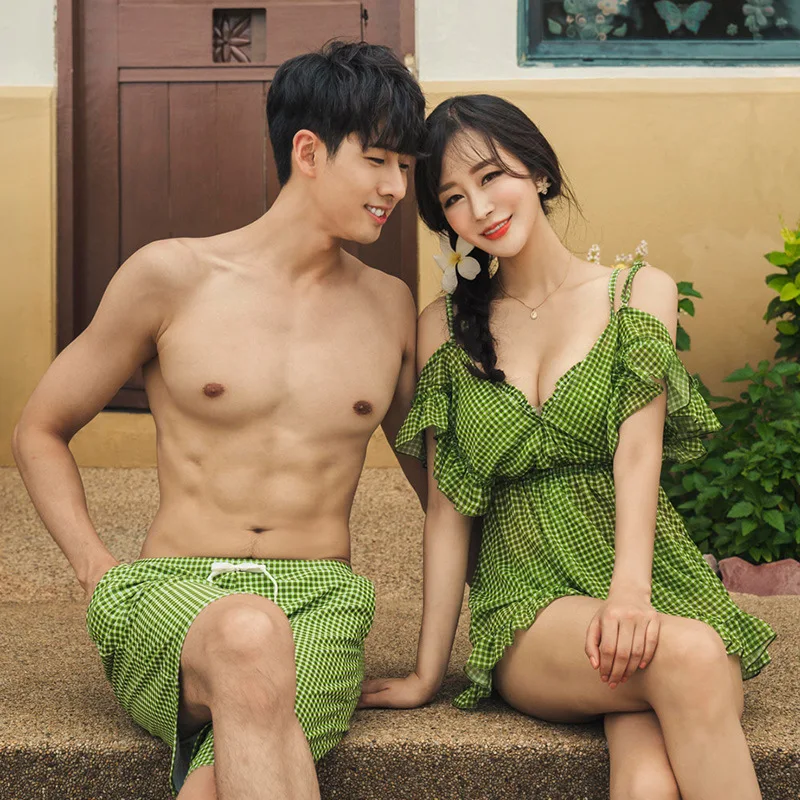 Summer Couple Swimsuit  Green Plaid Women Three Pieces Bikini Men's Swim Trunks Lotus Leaf Sleeve Sexy V Neck Swimwear Korean