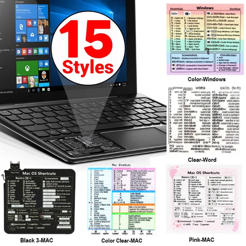 15 Styles Computer Keyboard Shortcut Reference Sticker Adhesive for Laptop Macbook Desk PS Word Excel Clear Shortcut Key Sticker