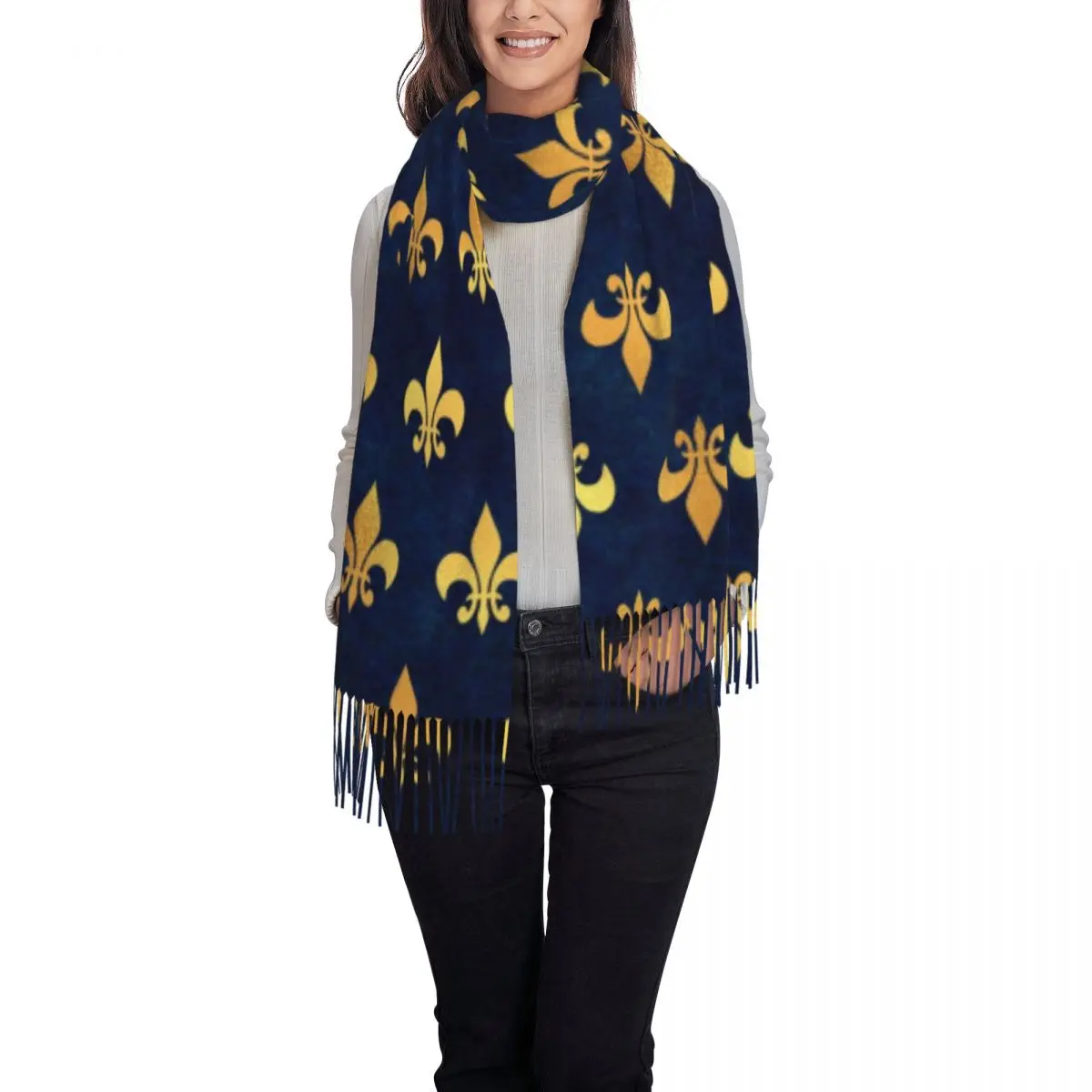 Custom Royal Gold Blue Grunge Fleur De Lis Tassel Scarf Women Winter Fall Warm Shawls Wraps Ladies Lily Flower Scarves