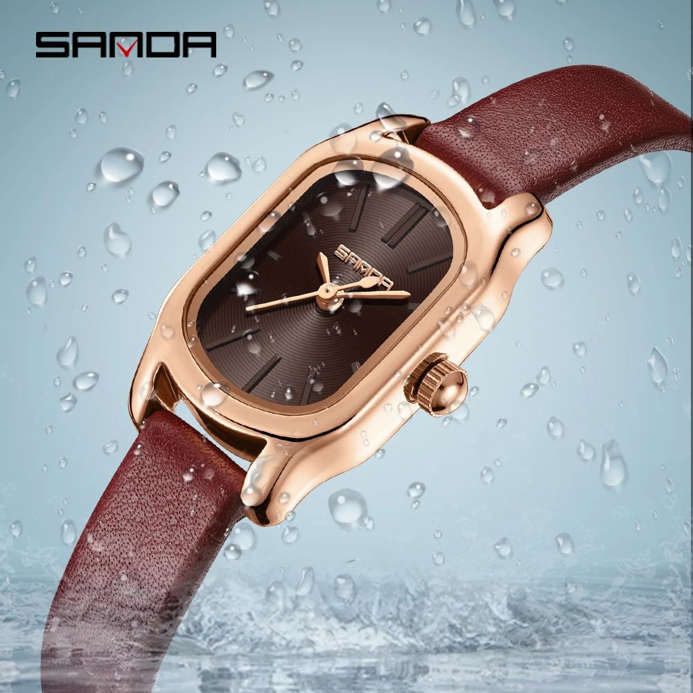 SANDA Genuine Watch New Womens Quartz Watch Casual Fashion Rose Gold Case Womens Watches Maroon Leather Strap Waterproof P1104