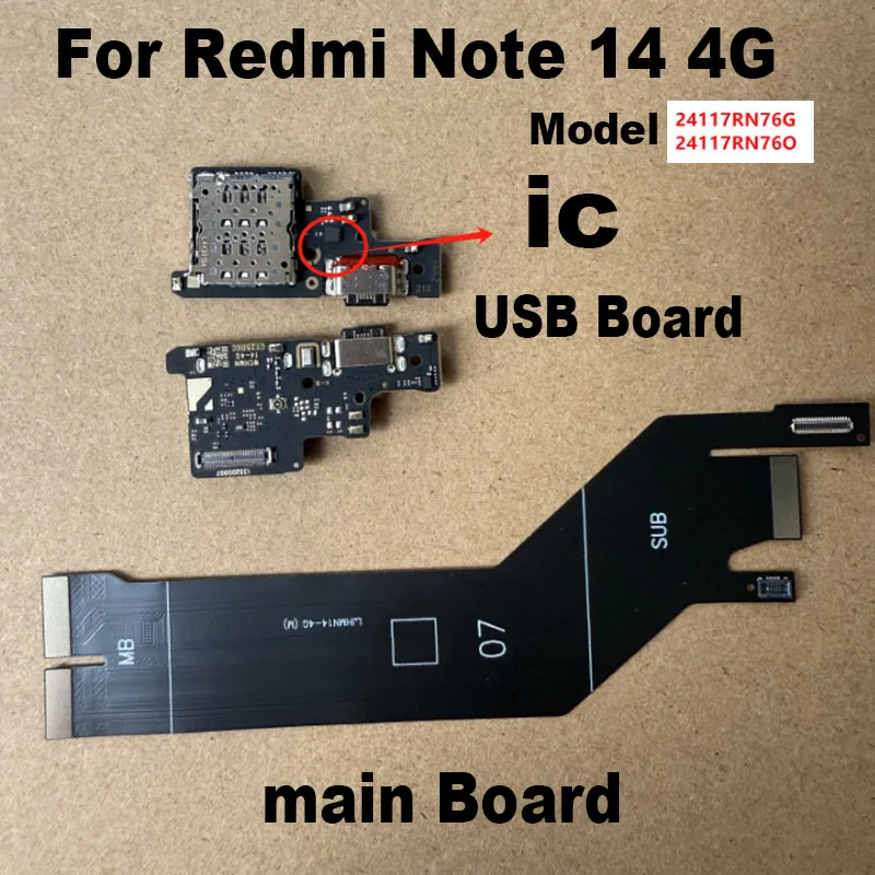 For Xiaomi Redmi Note 14 4G 5G USB Charging Port Mic Microphone Dock Connector Board + Main Motherboard Flex Cable Global