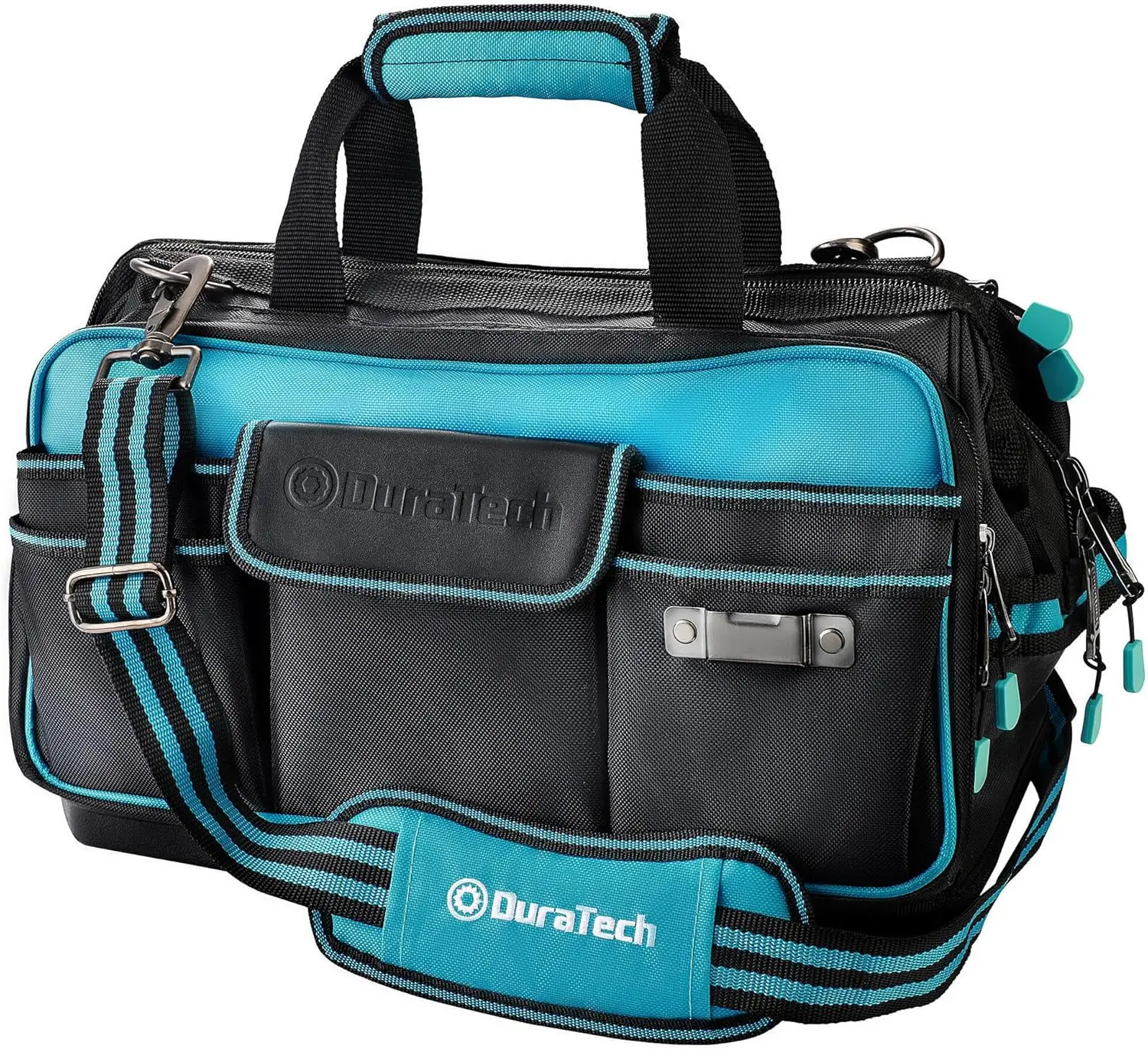

17-Inch Wide Mouth Tool Bag with 32 Pockets, Waterproof Base, Adjustable Strap for Large Storage and Easy Organization