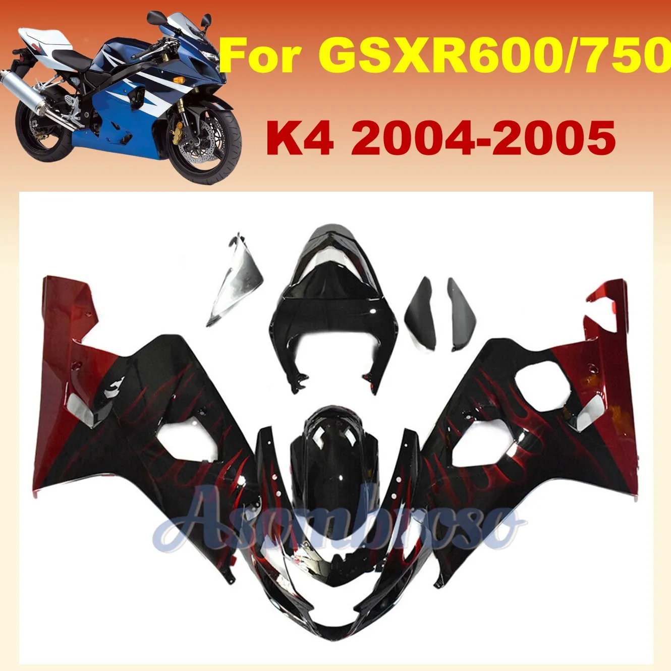 

Комплект обтекателей под давлением, подходит для GSXR600 750 2004 2005 GSXR750 04 05 GSXR 600 Обтекатели для мотоциклов Красного пламени черного цвета