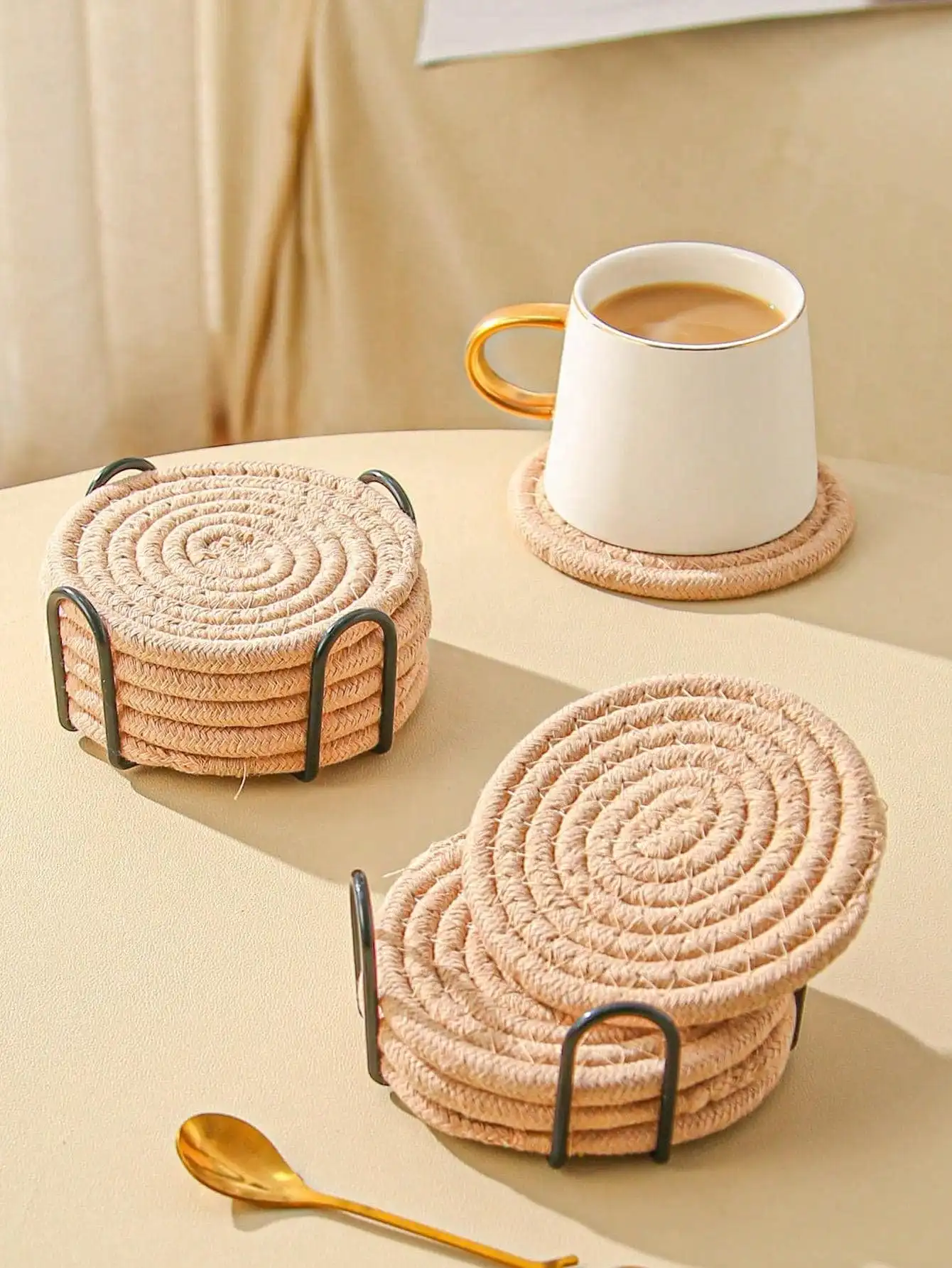 8pcs Coaster Set With Holder, Minimalist Woven Tabletop Coasters, Heat Resistant Kitchen & Dining Table Coasters, Thick Insulation Pads, 4 Color Absorbent Coaster Set, Home Decor Table Protection, Fit For Various Cups, 4.3 Inch