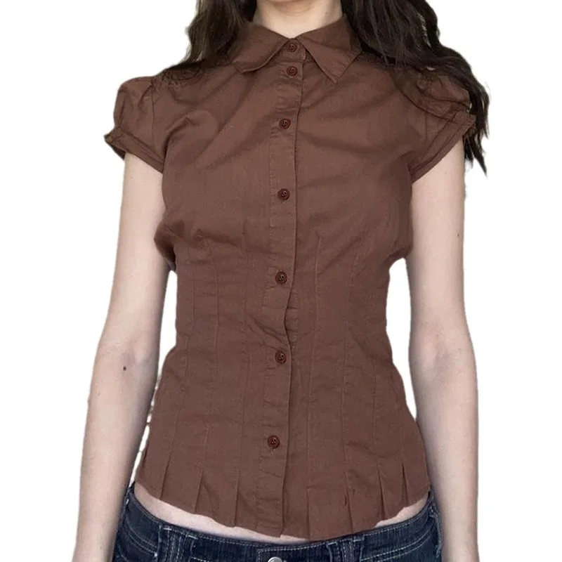 2025 americano retro formal marrom camisas femininas botão até turn down colarinho puff manga shirring bainha plissada magro casual topos
