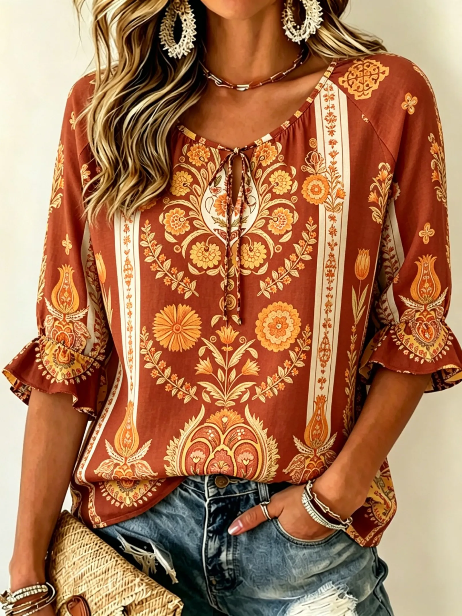 

Women's Rust Orange Bohemian Floral Print Tie Front Blouse, Casual Loose Top for Spring Summer Daily Wear