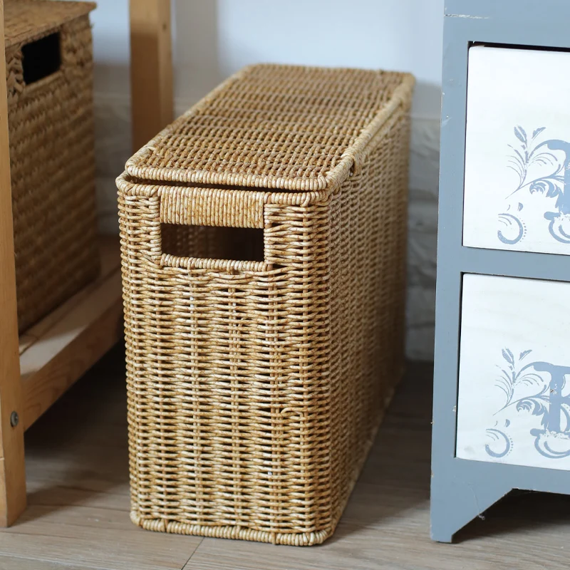 

Rattan-Style Narrow Flip-Top Storage Basket, Corner Multi-Purpose Organizer, Balcony Kitchen Slim Storage Box Space-Saving