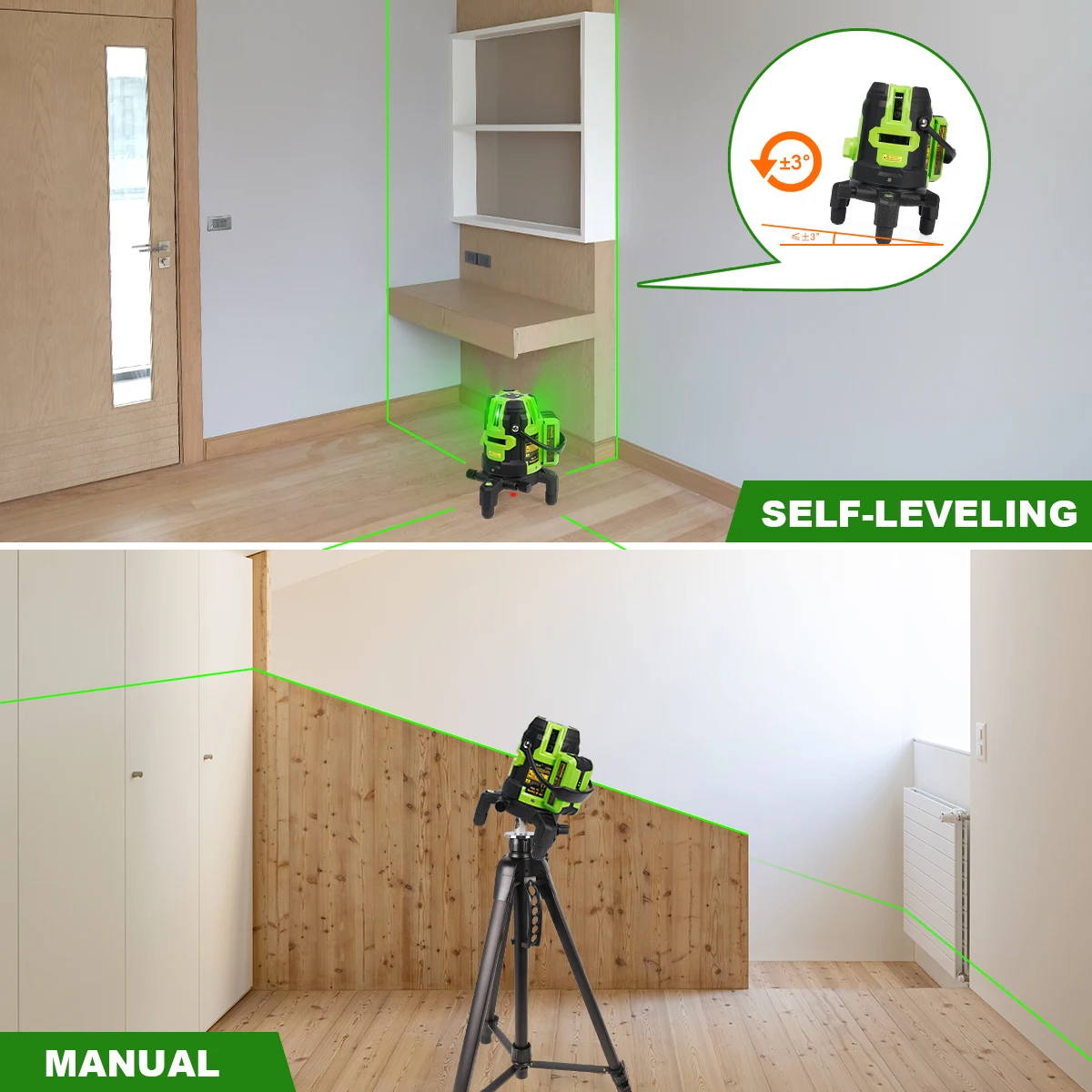 Huepar Green Multi-Lines Laser Level With Down Plumb Dot Self-Leveling Cross Line Laser Tool & 360°Rotate Base & Hard Carry Case