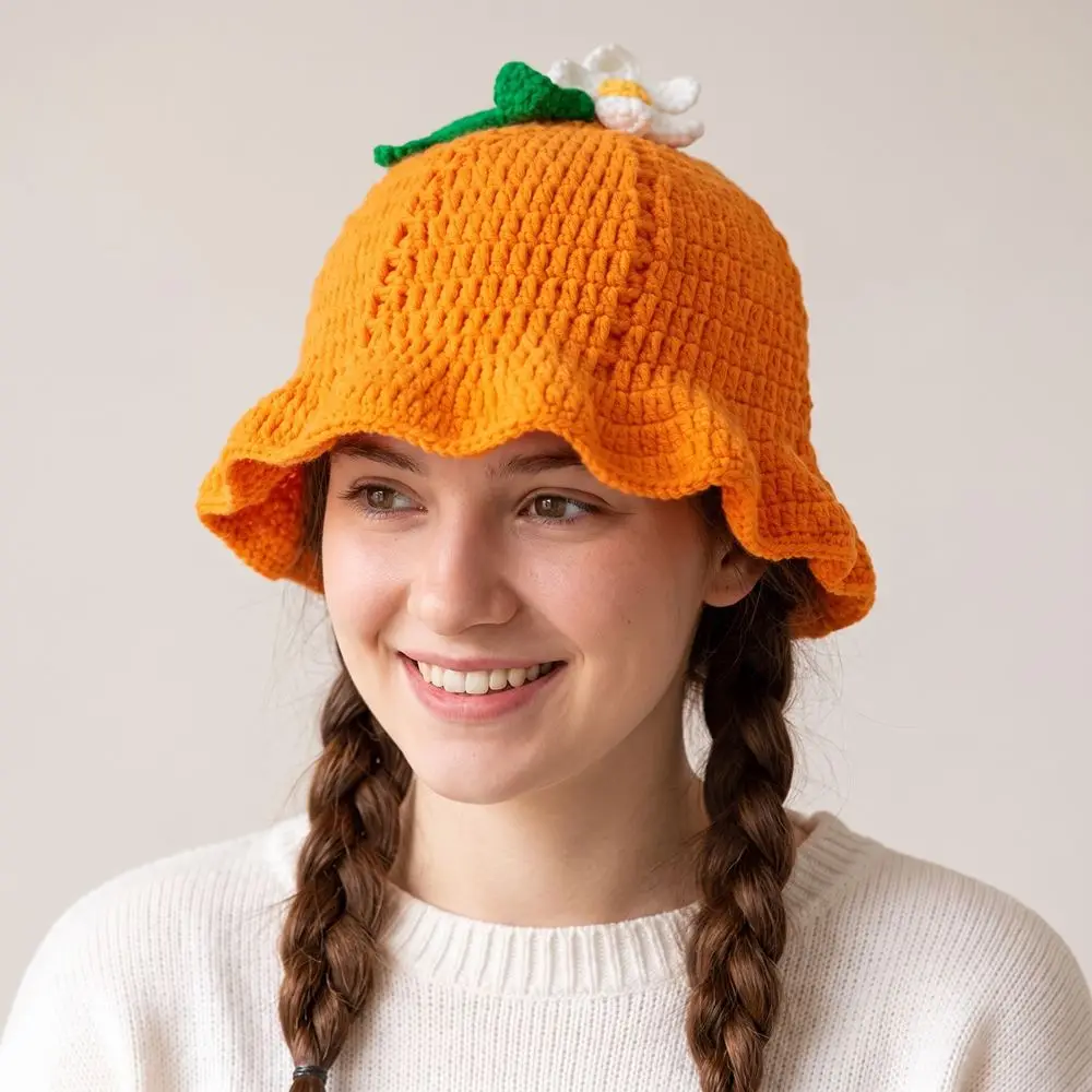 Kawaii Ruffle Strawberry Knitted Hat Fruit Shaped orange Knit Fisherman Hat Soft Handmade Crochet Beanie Cap Winter Autumn view 4