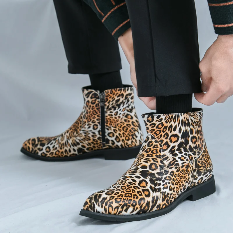 2025 Autumn Leopard Ankle Boots For Man Big Size 46 Pointed Man Dress Shoes Business Casual Men's Leather Boot botas para hombre