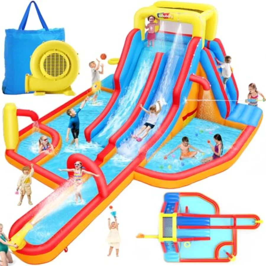 Backyard inflatable water slide for kids: PVC, blue/red, 19.2ft double lane with 17.2ft extra-long slide, arch, multi-splash po