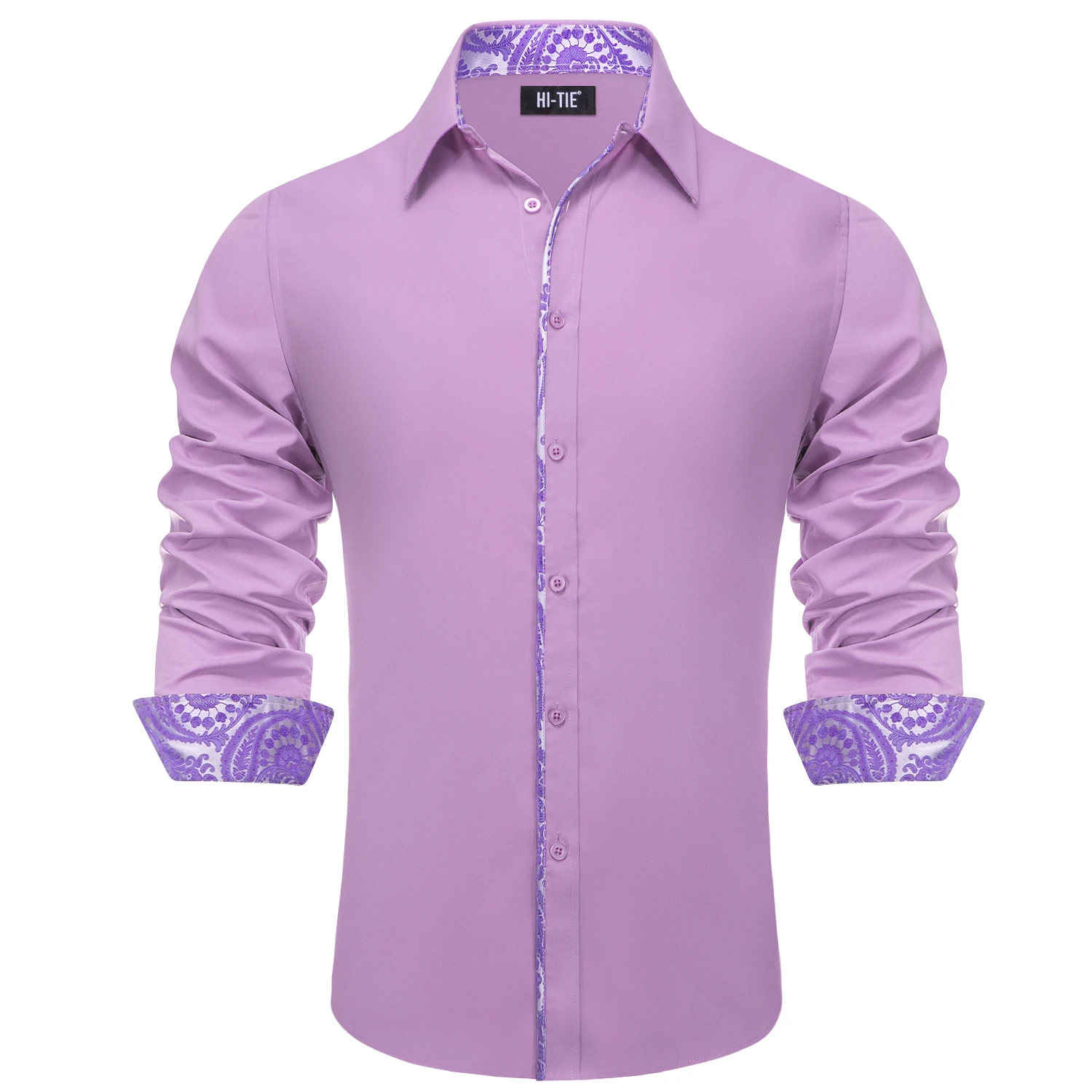 

Hi-Tie Quality Jacquard Lilac Voilet Solid Mens Silk Shirts Long Sleeve Lapel Shirt Blouse Outerwear Wedding Office Breathable