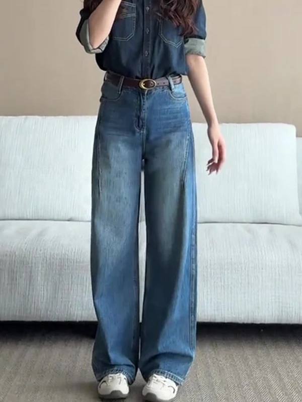 

Джинсы с высокой талией и широкими штанинами для женщин больших размеров, осенние, повседневные, прямые, длинные брюки, удобная посадка, высокая талия