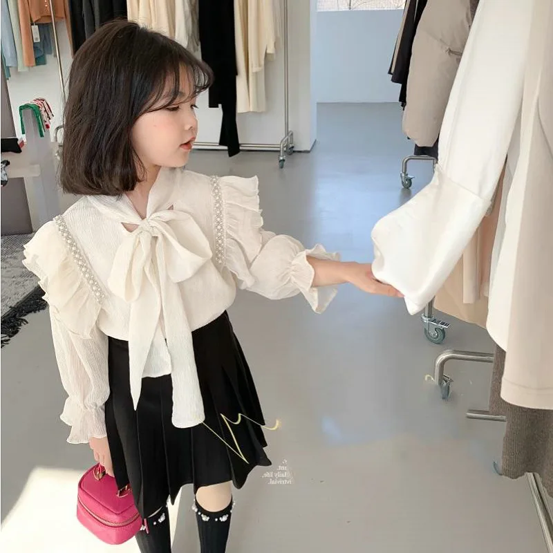 Children Clothing 2022 Spring Autumn Fashionable Girl Set with Pearl Decorated Top Skirt Casual Sweet Set Baby Girl Clothes