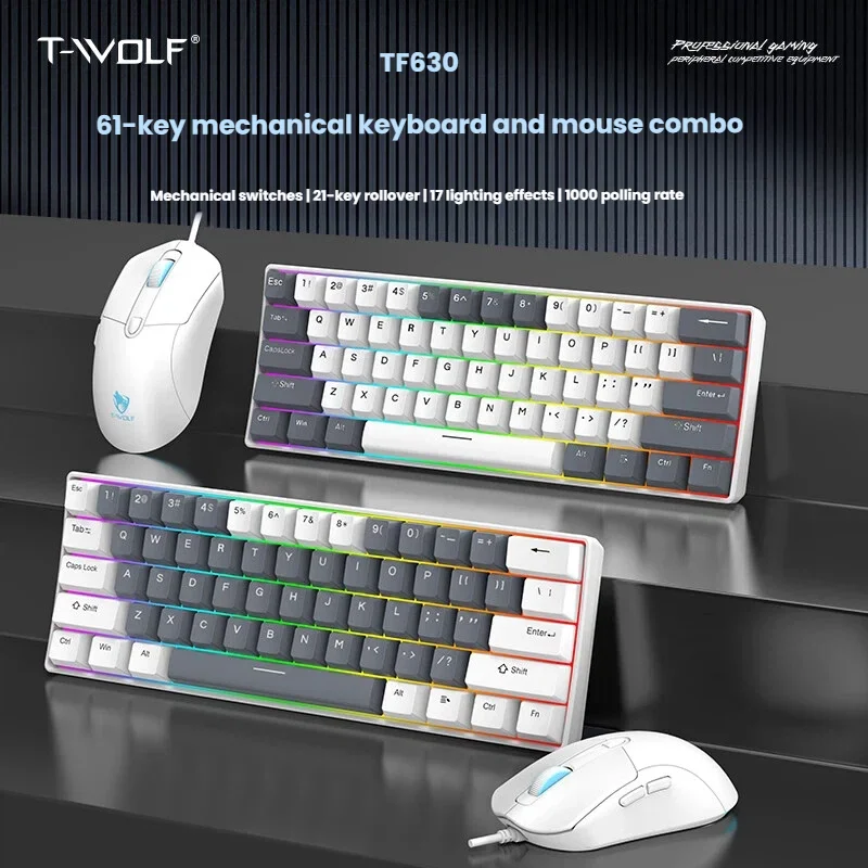 TF630 Mechanical Keyboard and Mouse Set - Red Axis, 61-Key Small Keyboard, 1000Hz Response Rate, Dual Color Scheme