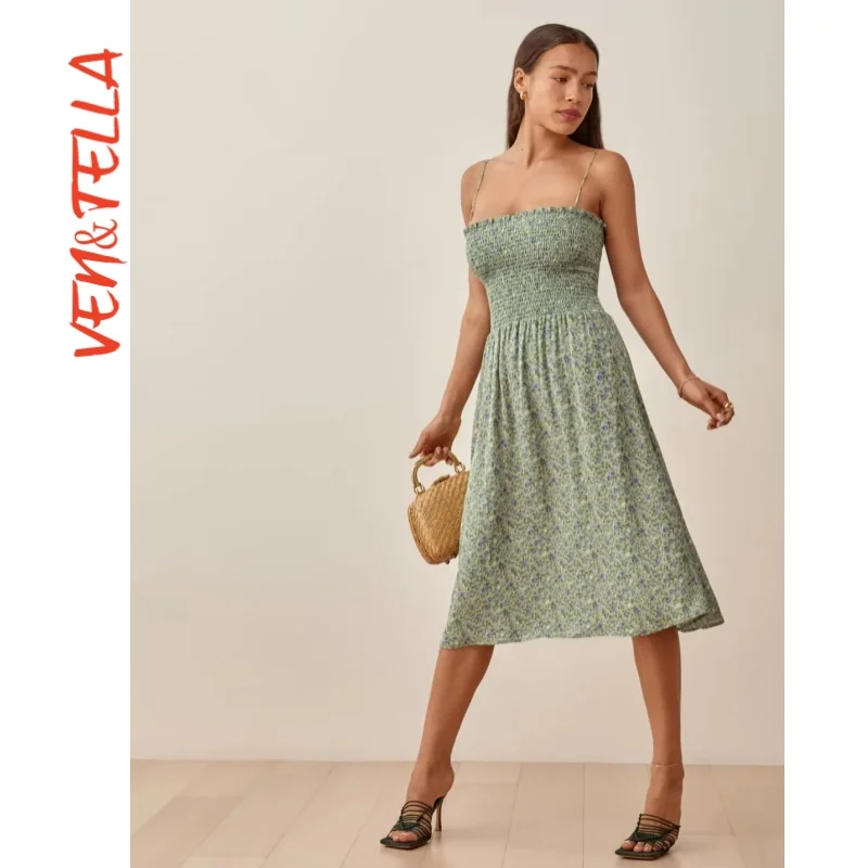 Retro floral print pleated elastic waistband slimming lace up dress~VEN&TELLA