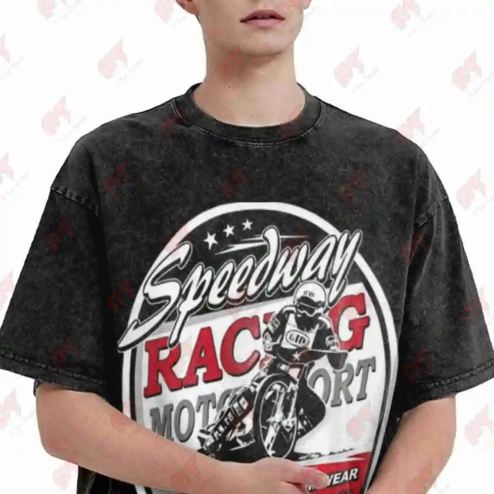 Motorcycle Speedway Flat Track Race Vintage Washed Tee Pure Cotton T-Shirt