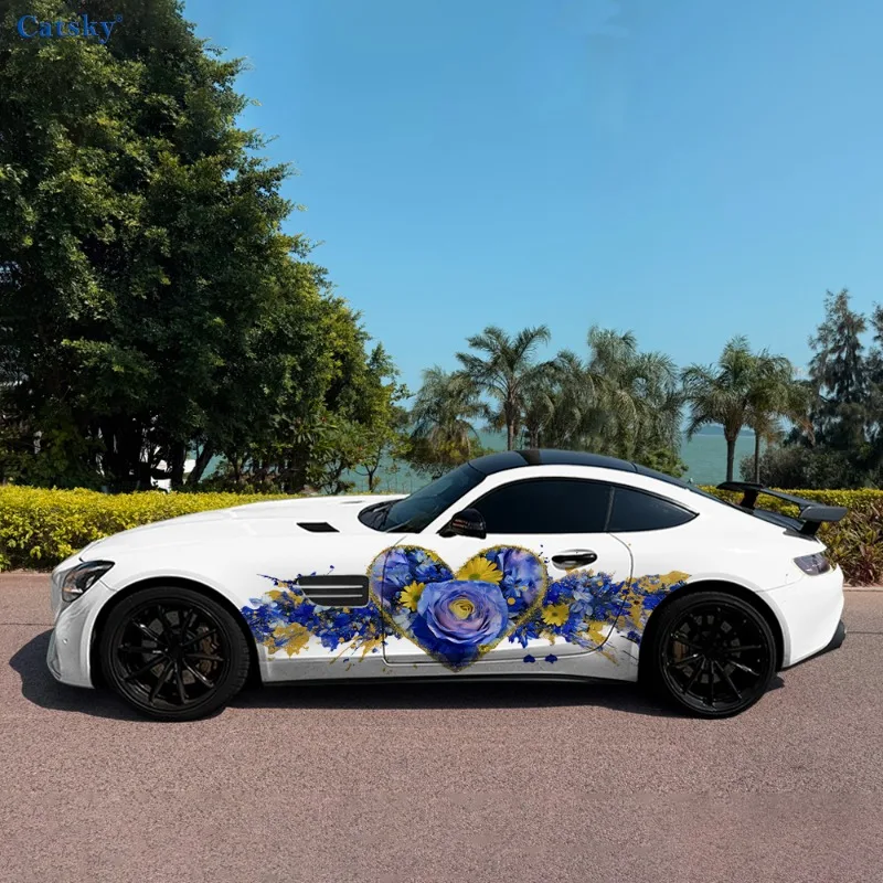 Blue Yellow Flower Heart Car Vinyl Wraps Decal Self-adhesive PVC Sticker Suitable for Trucks SUV Decor Auto Accessories Gift
