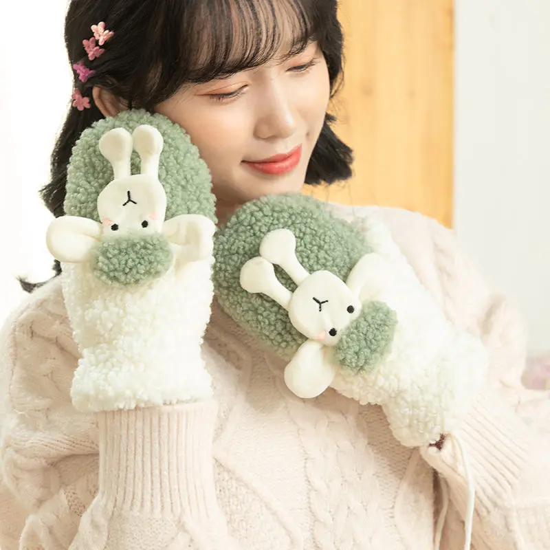 Soft Full Fingers Gloves For Women Cute Sheep Doll Plush Fluffy Glove Winter Warm Gloves Cold-proof Windproof Thickened Mittens