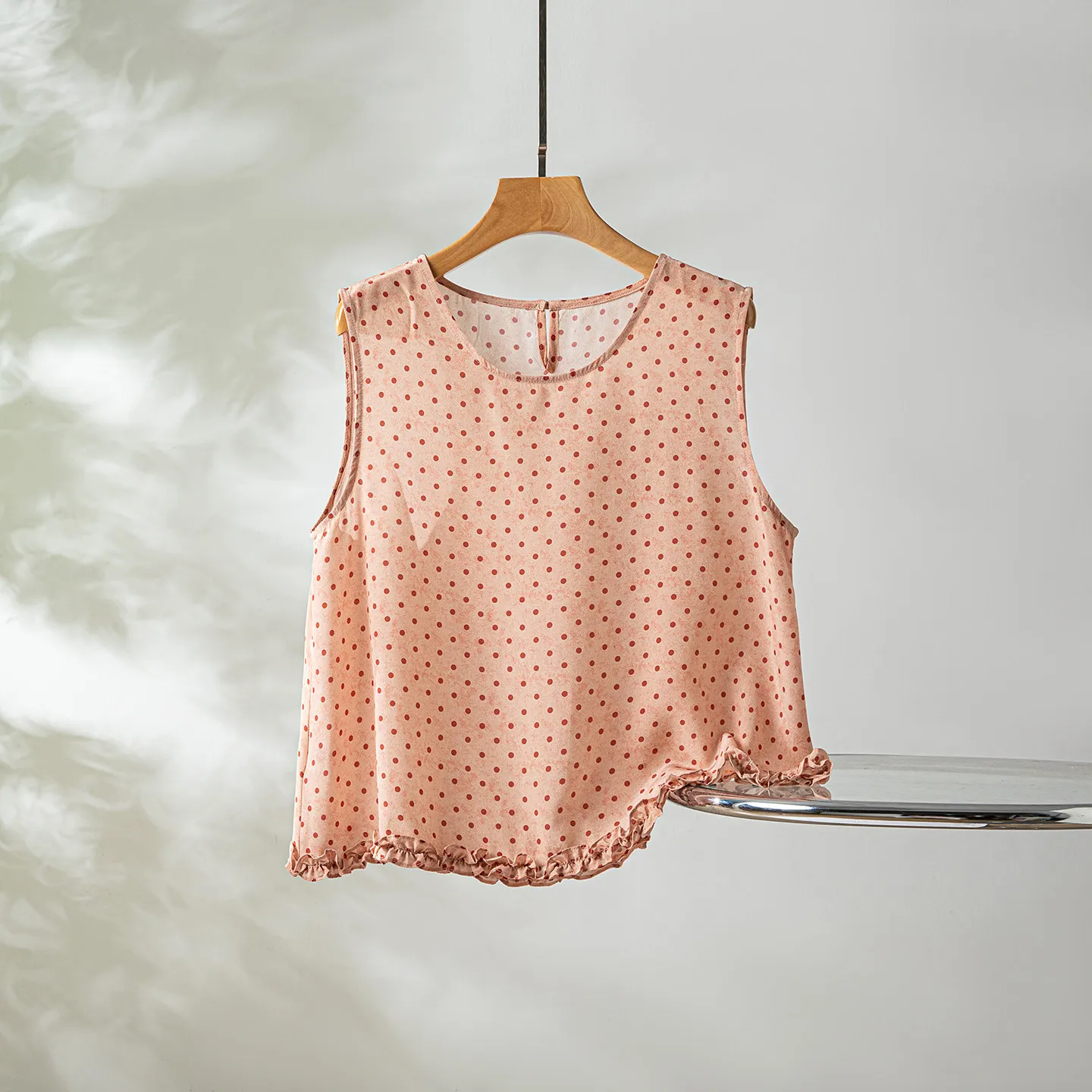 Winsleter-100%Real Silk Double Crepe Elegant Vest, O Neck Dot Ruffles, Women French Commute Loose Vest, 2026 Summer New T66434CC