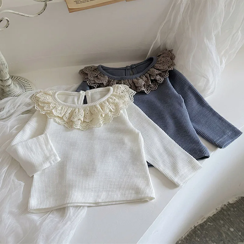 

2025 New Spring Toddler Baby Girl T-shirt Long Sleeved Cotton Solid Color Lace Splicing Infant Baby Girls Pullover Tops