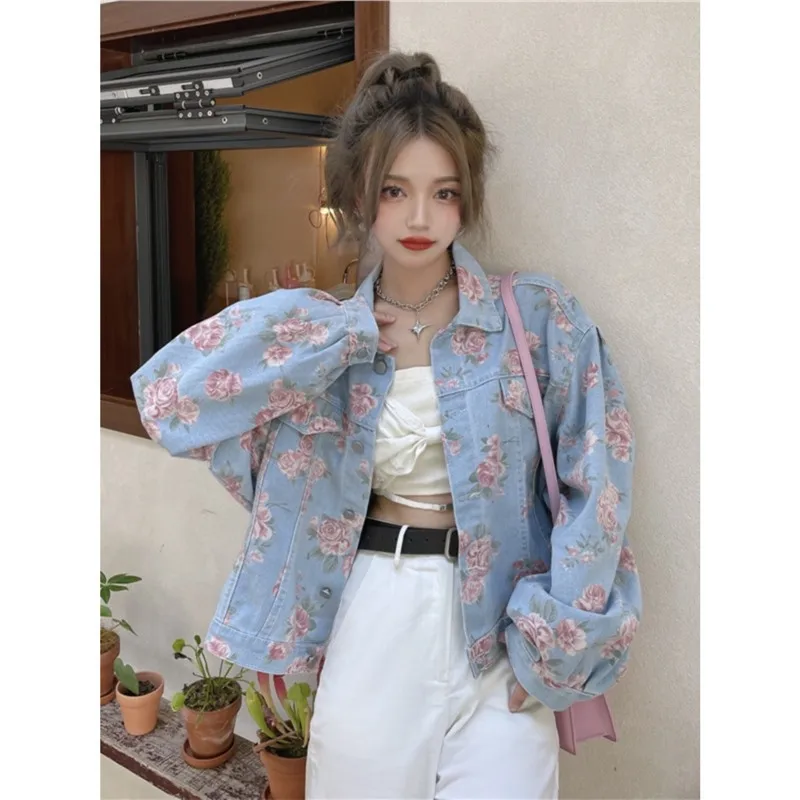 Cappotto di jeans da donna lavato monopetto Giacche con stampa Colletto rovesciato Capispalla a maniche lunghe Nozioni di base larghe Tasche Bottoni