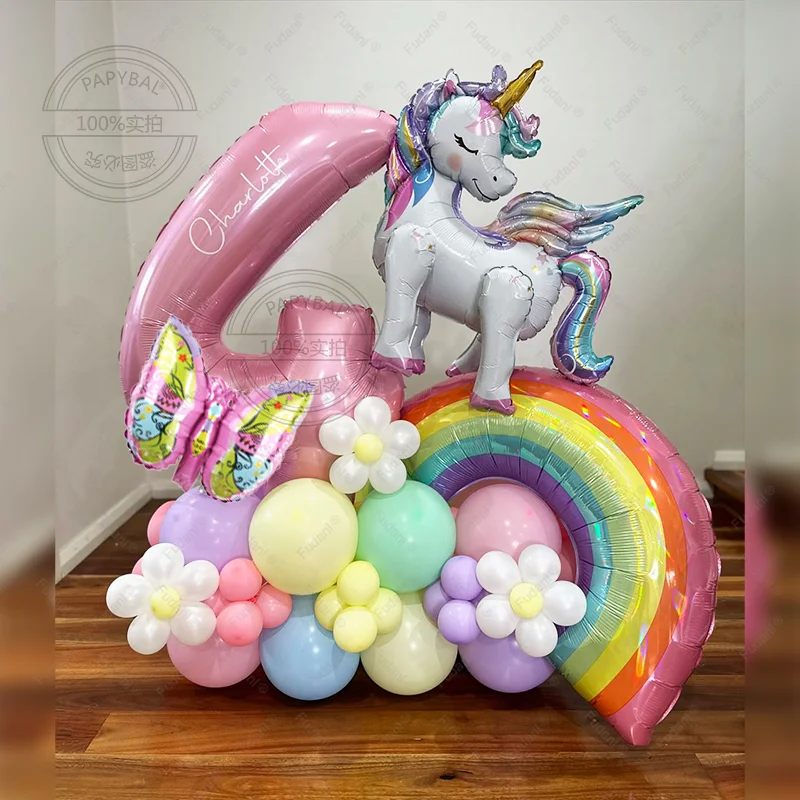 52pcs 3D Rainbow Unicorn Theme Balloon Column 32inch Pink Number 1-9th Girl Birthday Party Favors Baby Shower Decorative Balloon