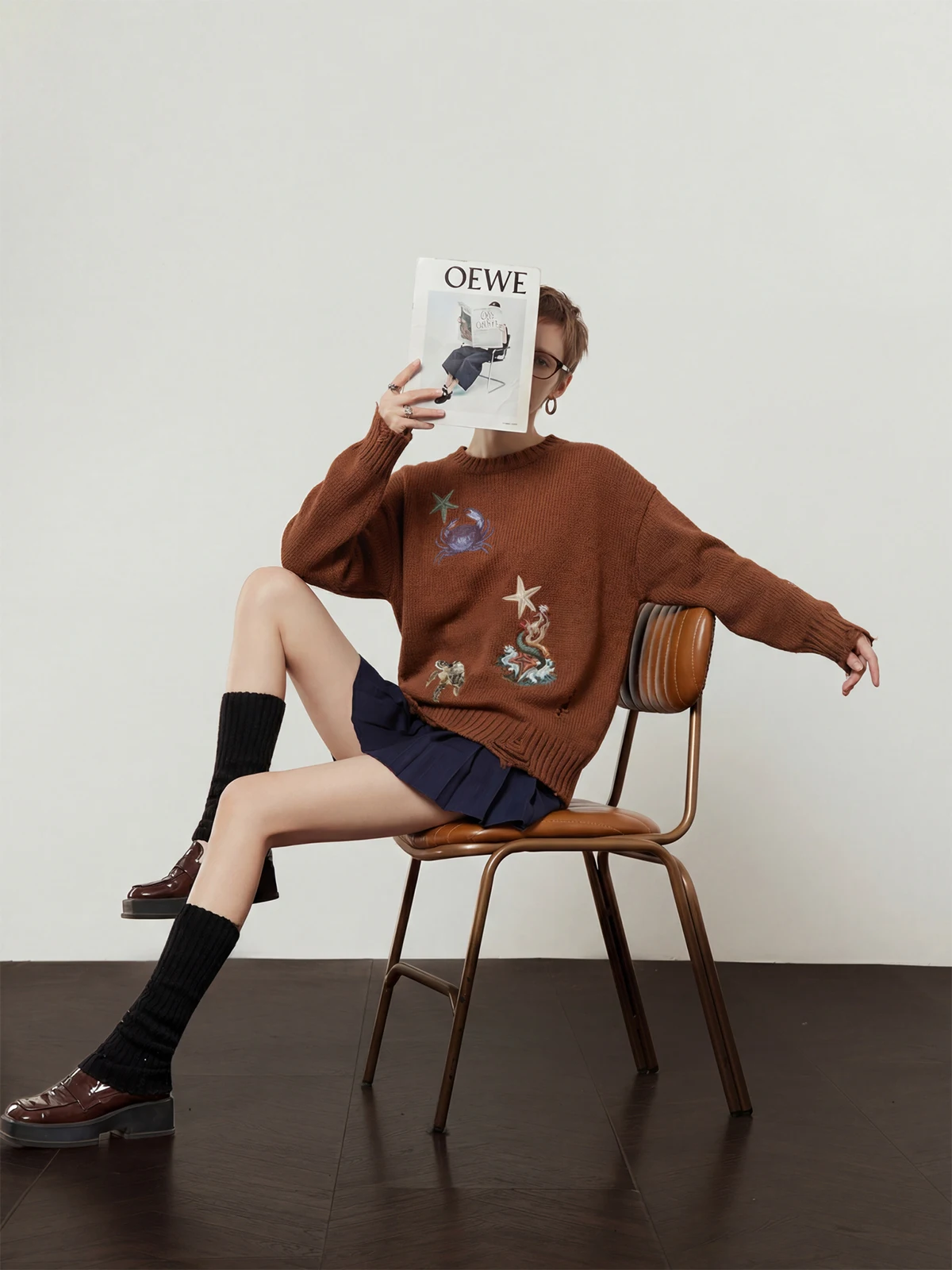 

Cé Brown Loose Women's Knitted Sweater Spring 2026 New Print Casual Top Vintage Sle Long Sve Floral Patterned