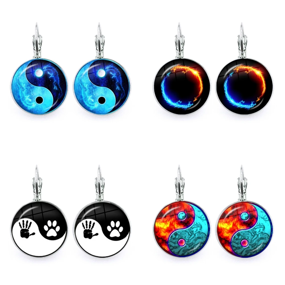 Yin Yang Tai Chi Round Glass Earrings Fashion Hook Earring Jewelry Earrings Women Moon Dragon Jewelry Gifts