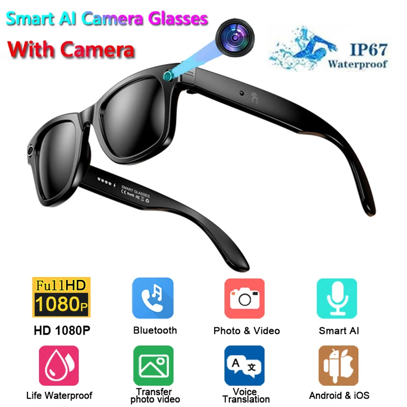 

Очки для умной камеры с искусственным интеллектом, Bluetooth 5,2, вызов, IP67, водонепроницаемая запись видео, распознавание фотографий с искусственным интеллектом, голосовой помощник, навигация, новинка