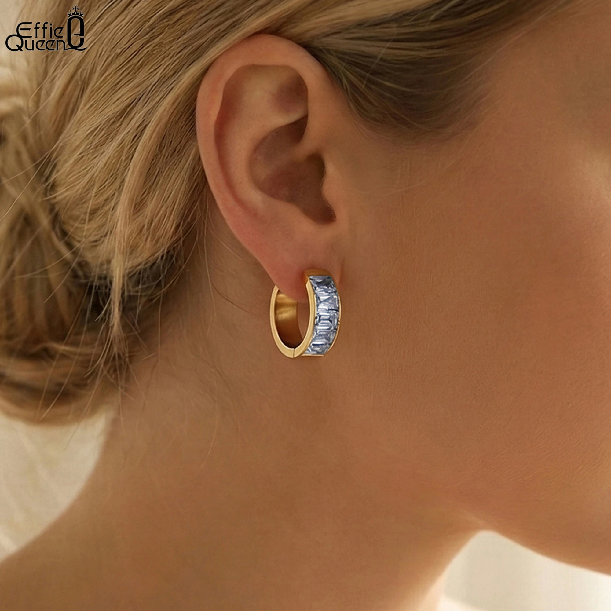 Effie Queen Stainless Steel 18k Gold Square Cut Zirconia Hoop Earrings Ideal Jewelry for Women Wedding Party Banquet Gift STKE19