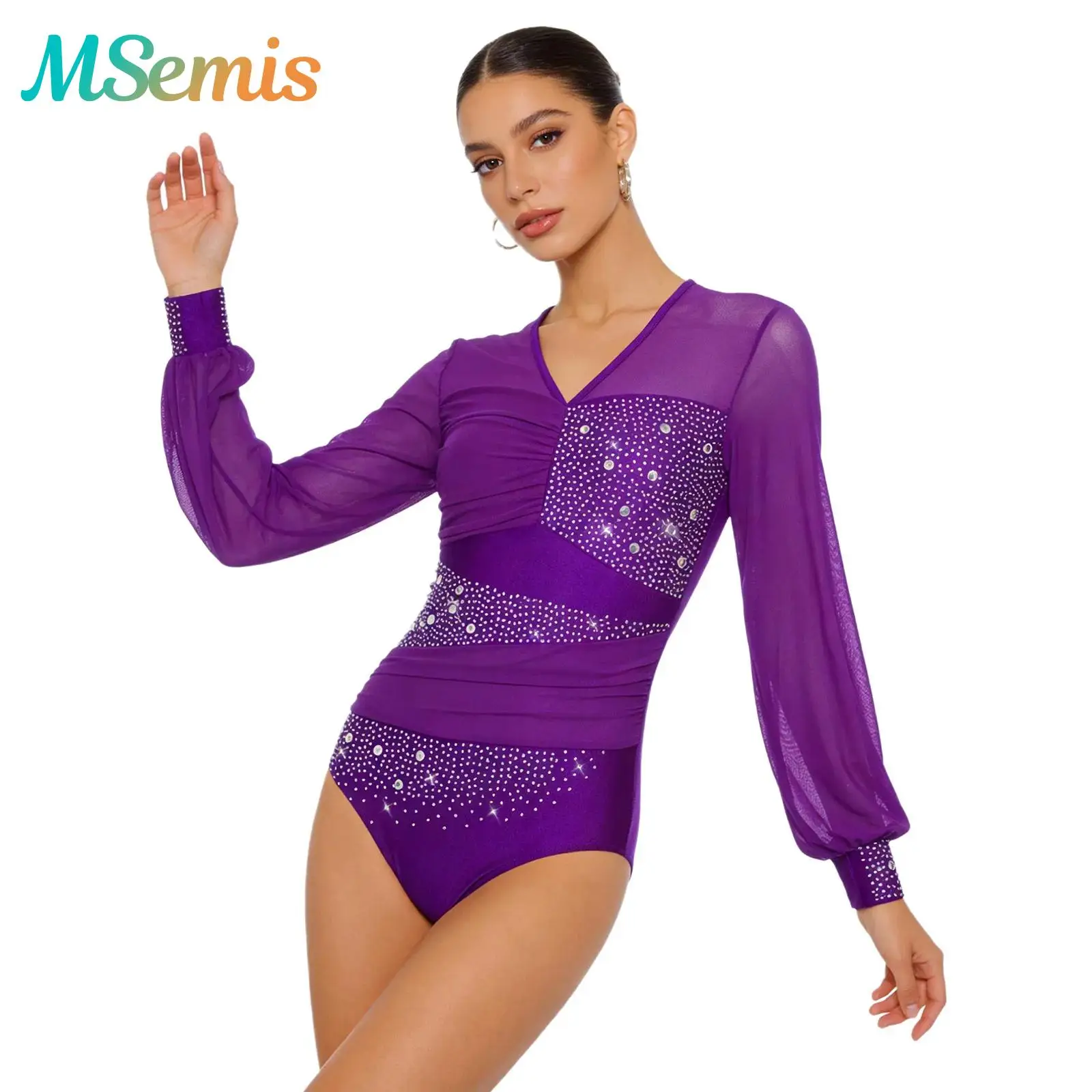 

Womens Gymnastics Rhinestone Ballet Jersey Tango Dance Leotard Mesh Sleeve Mesh Long Sleeve Back Cutout Ruched Leotard Jumpsuit