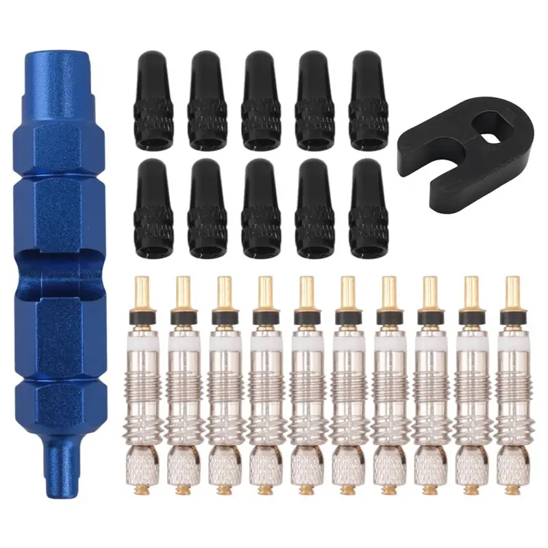 B48B-10Pcs Valve Core For Presta,Valve Core Bike Bicycle Replacement With 2 Valve Core Remover Tools&10 Valve Stem Core Caps