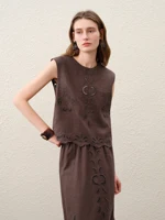 FSLE【Premium Series】Summer Women Linen Two Piece Set Cut-Out Embroidered Sleeveless Top Midi Skirt Boho Beach Vacation Style - Image 4