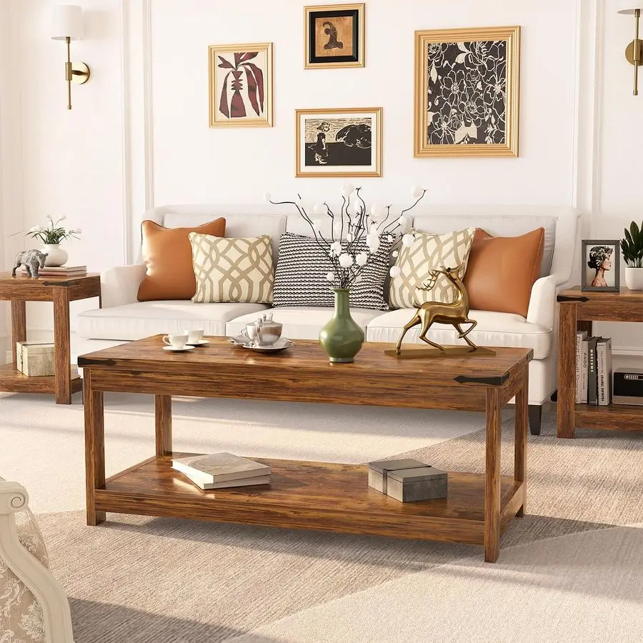 Coffee Table with Storage Shelf, 43.3 Farmhouse Wood Coffee Tables for Living Room, Modern Center Tea Table, Rustic Brown