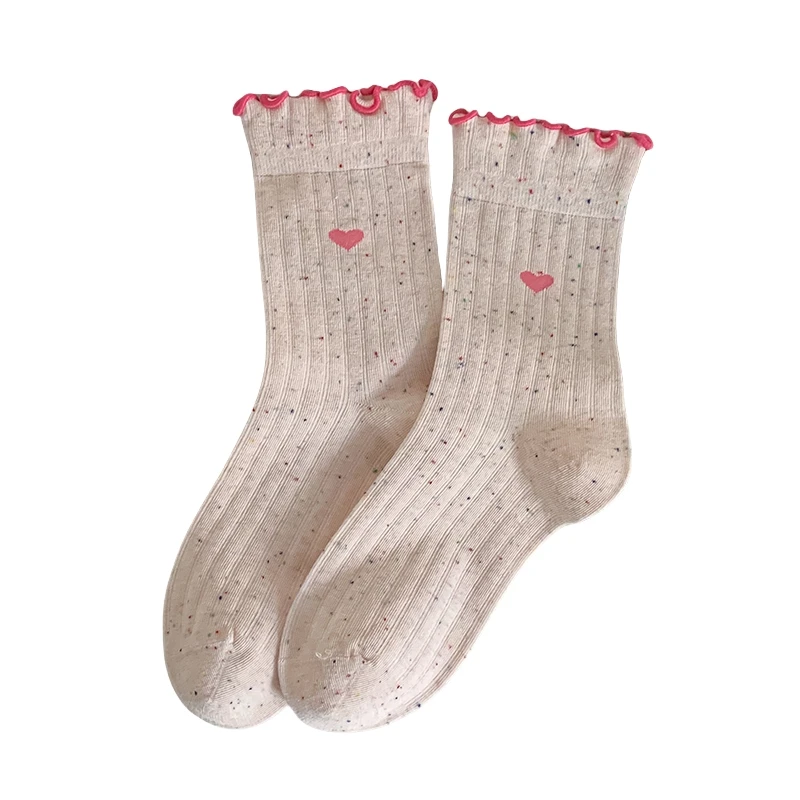 Meias femininas estilo coreano novo design de coração doce meias fofas para meninas respiráveis com babados meias macias absorção de suor